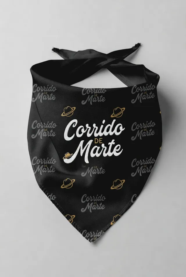 Demo bandana mockup — Corrido de Marte all-over print