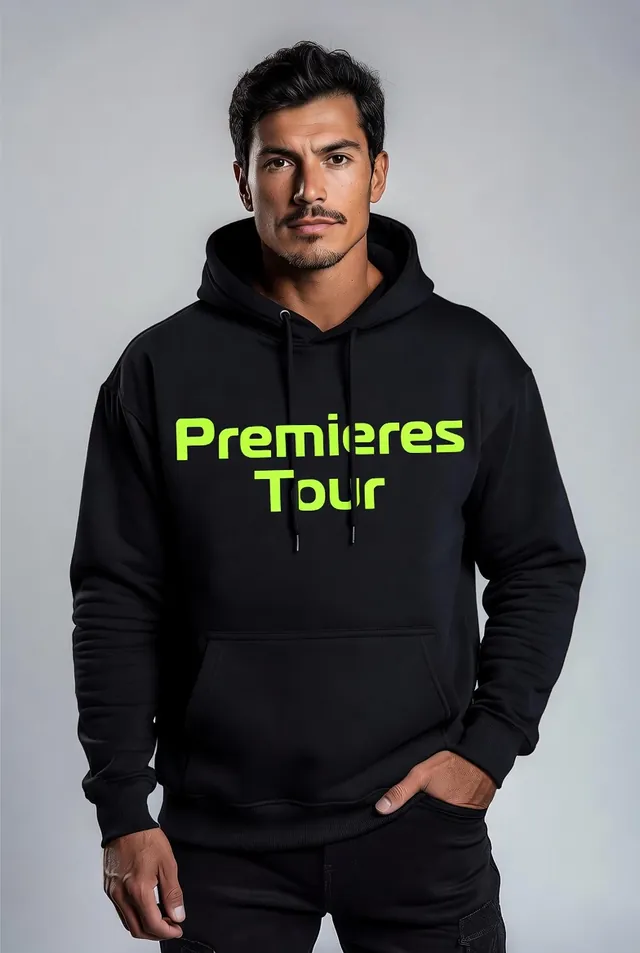 Demo hoodie mockup — Premieres Tour, neon green print