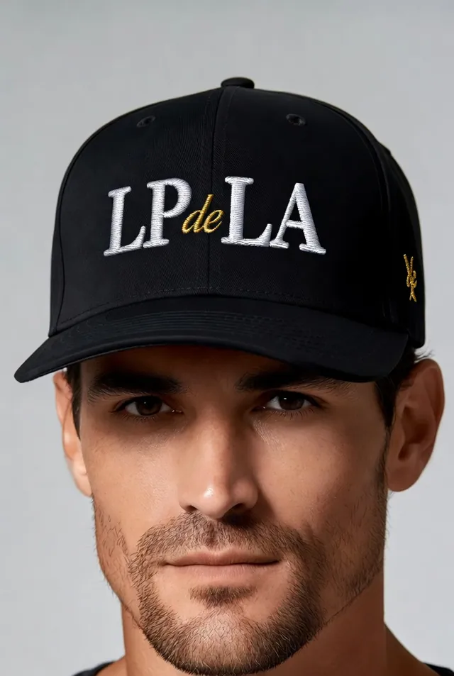 Demo cap mockup — LP de LA embroidery