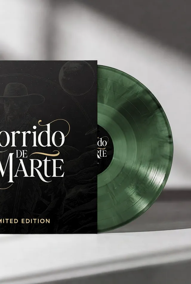 Demo vinyl mockup — Corrido de Marte, limited green pressing