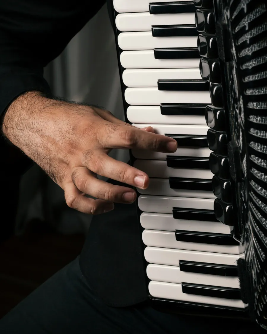 Close-up of accordion keys mid-performance