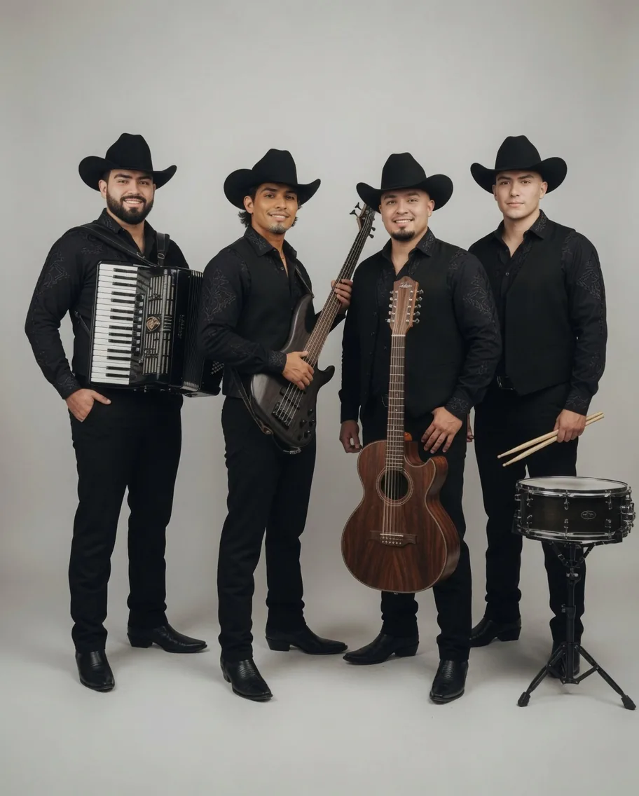 Los Premieres de LA — four-piece grupo in matching black, studio portrait